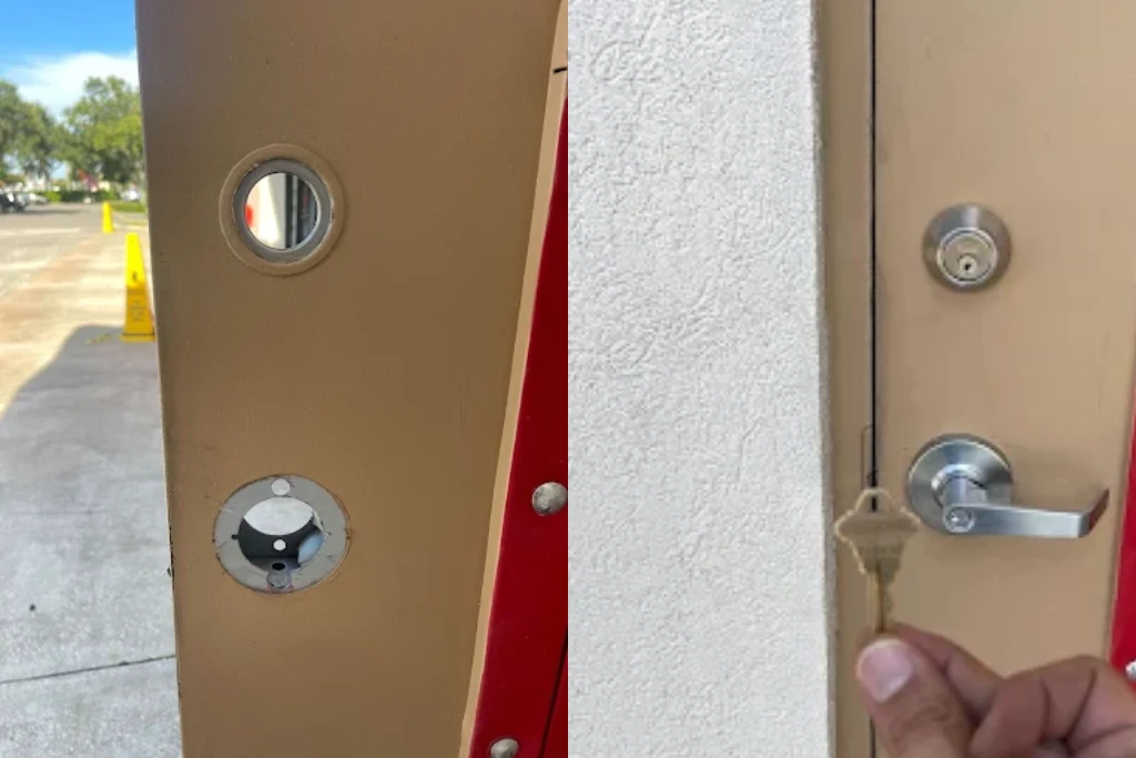 Commercial door lock replacement with new key installed by Sunshine Mobile Locksmith
