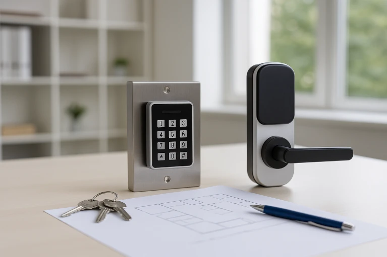 Modern office desk with smart lock and keypad access control system representing secure locksmith solutions in Melbourne and Orlando FL