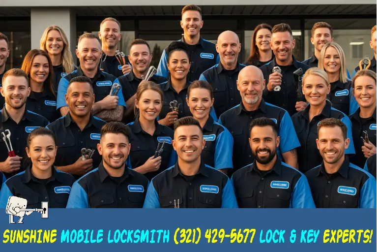 Group of professional locksmith technicians standing outside a commercial locksmith company, ready to replace and install commercial door locks for businesses.