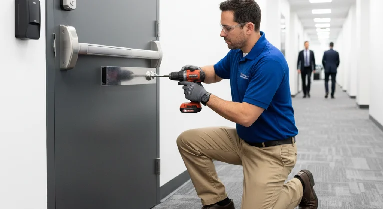 Locksmith technician installing hardware on a steel commercial door with precision tools—delivering reliable, transparent, and secure locksmith services for businesses in Ocoee.