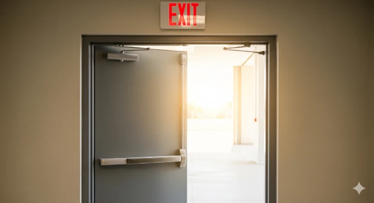 Open steel exit door with illuminated EXIT sign, surface door closer, and panic bar—single-motion, code-compliant egress for Central Florida facilities.