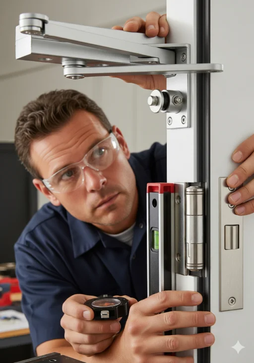 Locksmith adjusting a commercial door closer and hinge alignment with precision tools—ensuring smooth operation and long-term reliability for businesses in Cocoa.