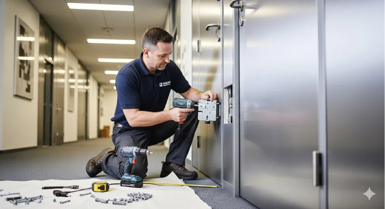 Technician securing commercial door hardware with power tools and precision measurements—expert installation delivering smooth, secure performance for Rockledge businesses.