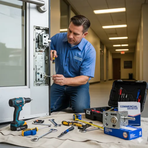 Locksmith technician performing a commercial door lock replacement with tools and hardware laid out, showing professional installation, alignment, and compliance checks.