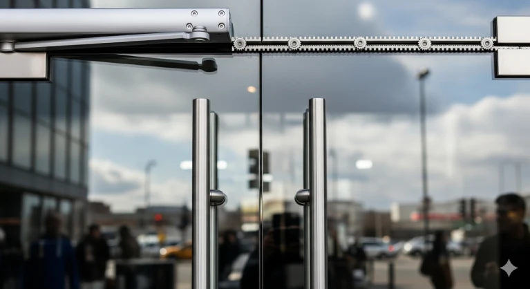 Glass commercial double doors with overhead door closer and stainless handles—engineered for reliable performance in Winter Park businesses.