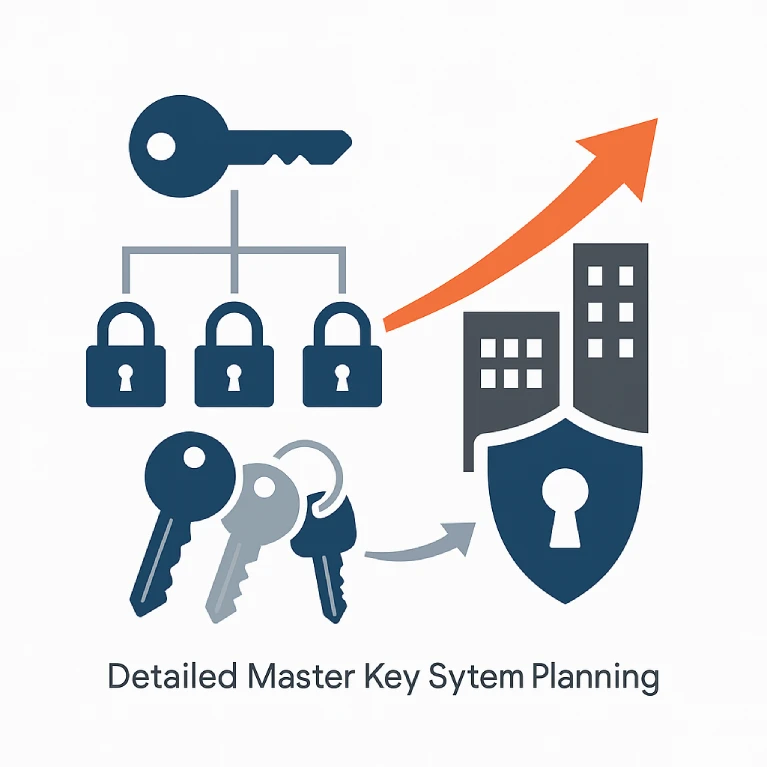 Illustration of detailed master key systems planning showing hierarchy chart, locks connected to a master key, building icons, and growth arrow representing scalability and security