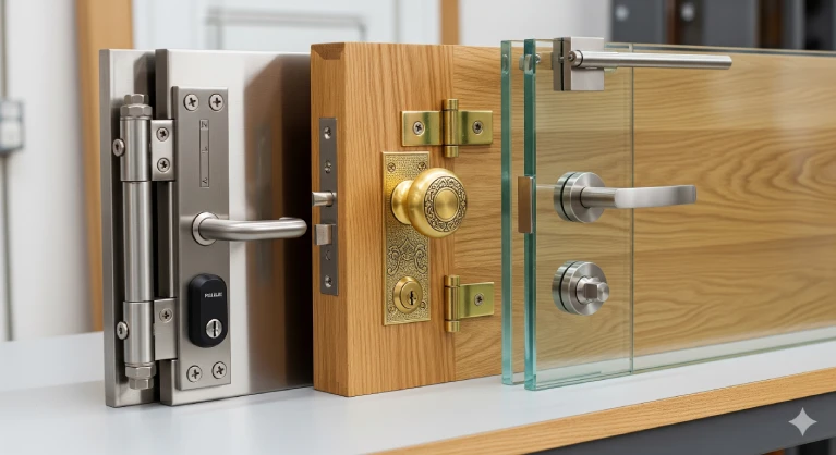 Examples of metal, wood, and glass doors fitted with stainless and brass hardware—showcasing how proper reinforcement and edge prep ensure safe, durable installations in Titusville.