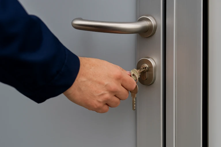 Locksmith turning a key in a modern commercial door lock representing emergency locksmith services and quick access solutions in Melbourne and Orlando FL