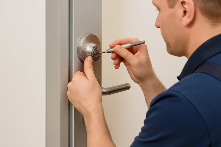 Locksmith rekeying a commercial door lock in Melbourne and Orlando FL with smooth, efficient service and no surprises.