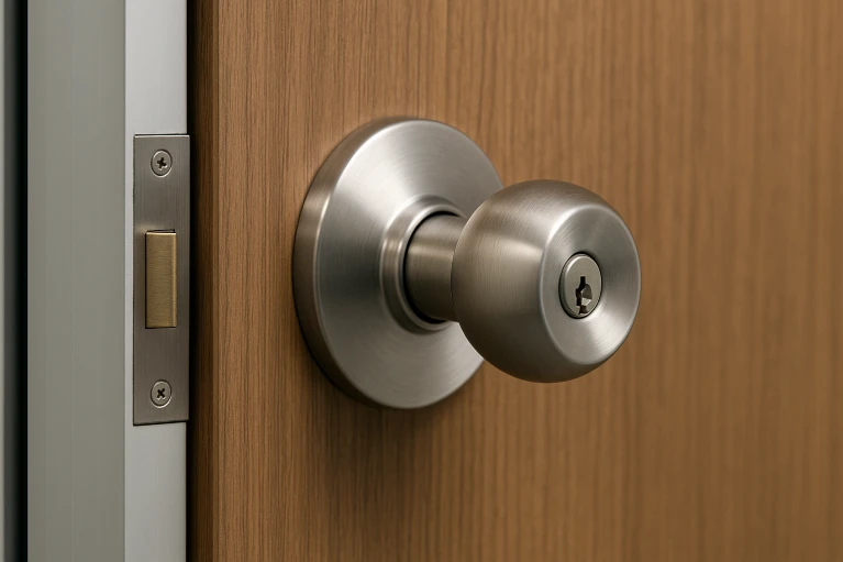 Close-up of a modern cylindrical commercial door lock on a wooden door representing hardware locksmiths service