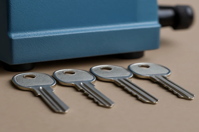 Close-up of four new silver keys lined up beside a key cutting machine representing locksmith key services in Melbourne and Orlando FL