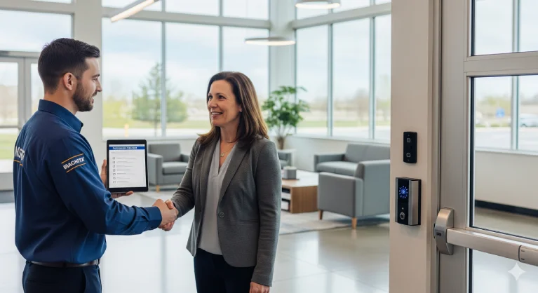 Locksmith professional finalizing a commercial door project and handing documentation to a client—streamlined process from walkthrough to installation sign-off in Apopka.