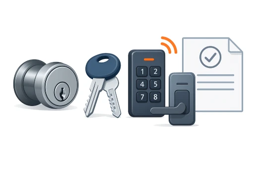 Illustration of locksmith products and services including lock cylinder, high security keys, keypad access system, and documented master key hierarchies