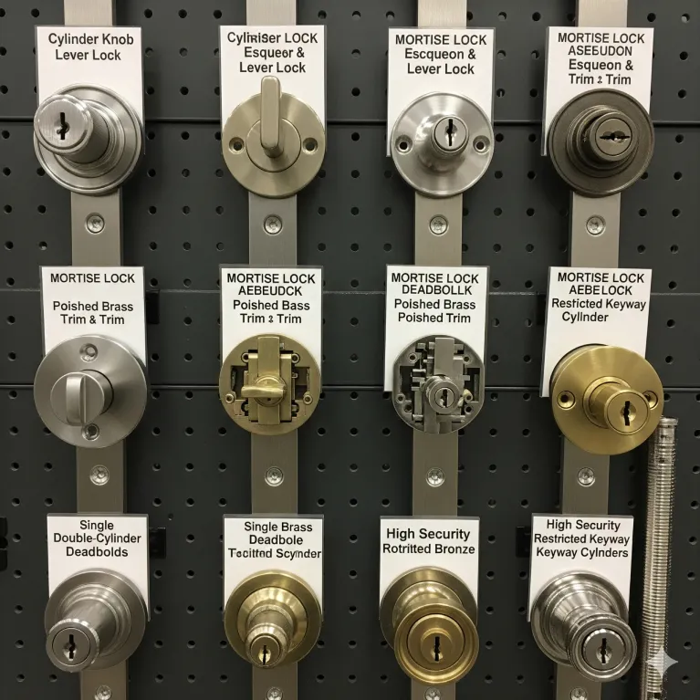 Display of commercial lock hardware including cylindrical and mortise locks, deadbolts, high-security restricted keyway cylinders, and weather-rated finishes for locksmith replacement services.
