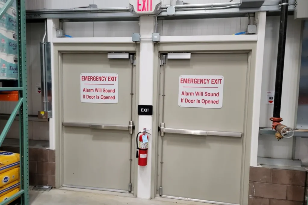 Commercial locksmith services in Melbourne Florida installing and securing emergency exit door push bars with access control solutions.