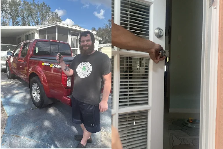 Sunshine Mobile Locksmith in Melbourne Florida helping a customer with car key replacement on the left and rekeying a residential door lock on the right.