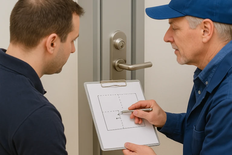 Two locksmiths reviewing a site plan and rekeying a commercial door lock to align cylinders and access control in Melbourne, FL.