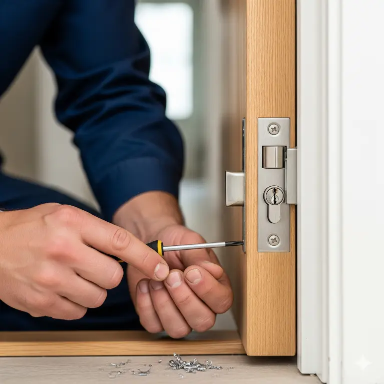 Close-up of a locksmith using a screwdriver to adjust a newly installed lock on a wooden commercial door, representing post-replacement maintenance for lasting security and performance.