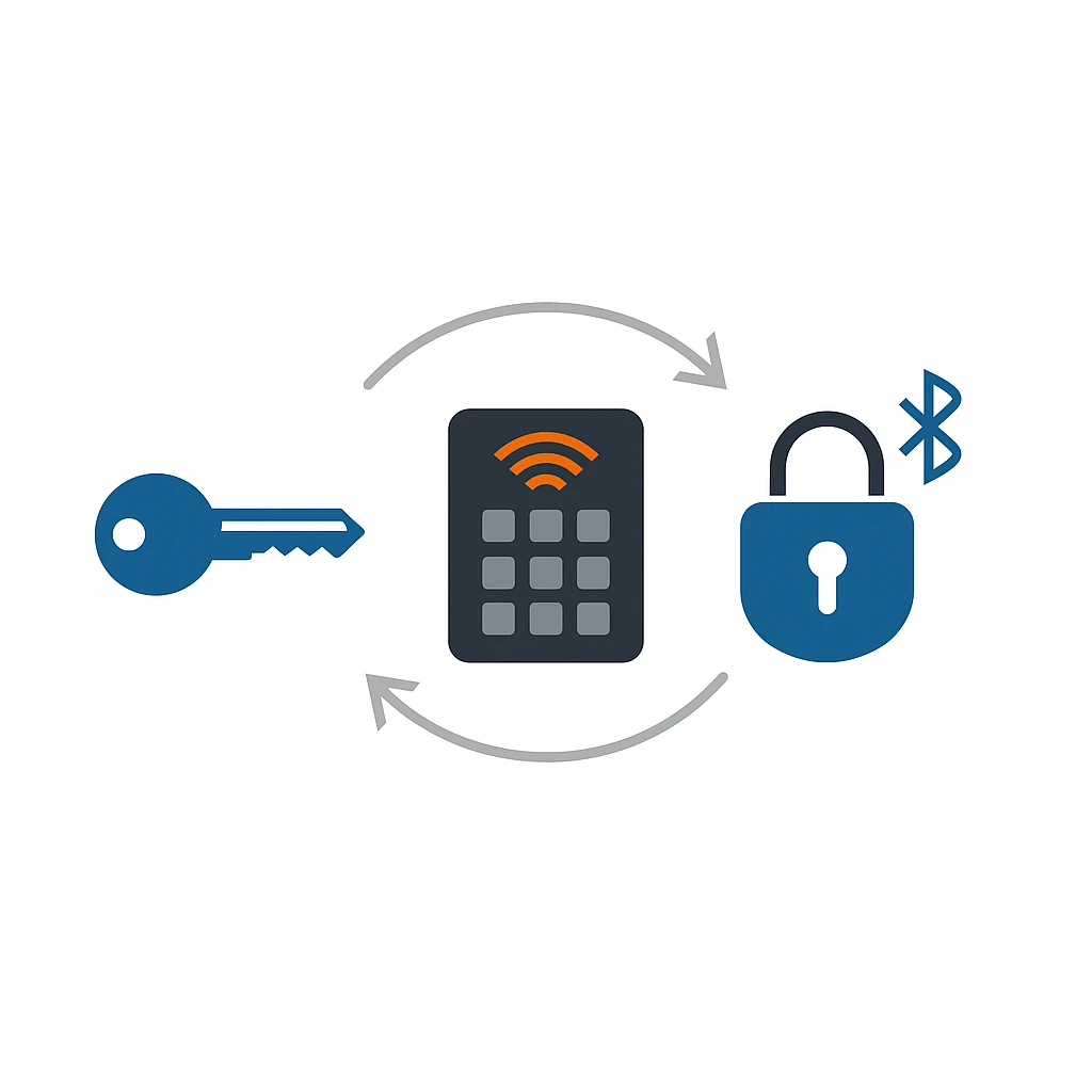 illustration showing integration of master key cylinder, digital keypad access control, and Bluetooth smart lock for layered security