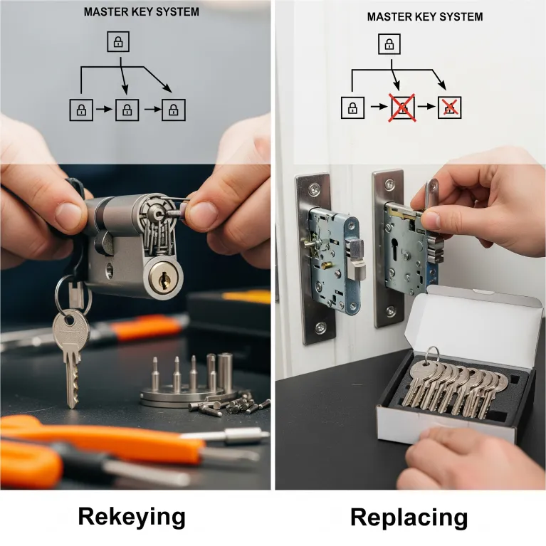 Side-by-side comparison of rekeying vs replacing in a master key system — left shows a locksmith rekeying a cylinder with pins and tools, right shows a lock being replaced with new hardware and keys.