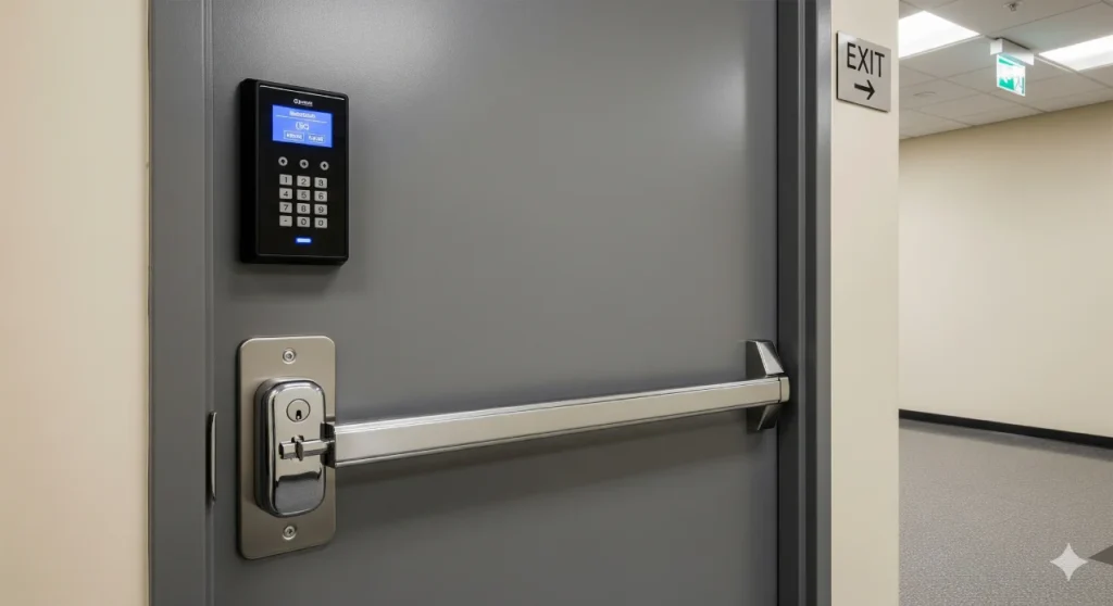Steel commercial exit door with push bar and keypad access—installed for life-safety compliance and reliable egress in Palm Bay businesses.