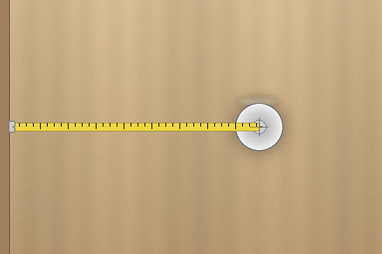 llustration of measuring door backset: yellow tape measure from the door edge to the lock cylinder center, with realistic wood door and metallic lock hardware; no text overlay.