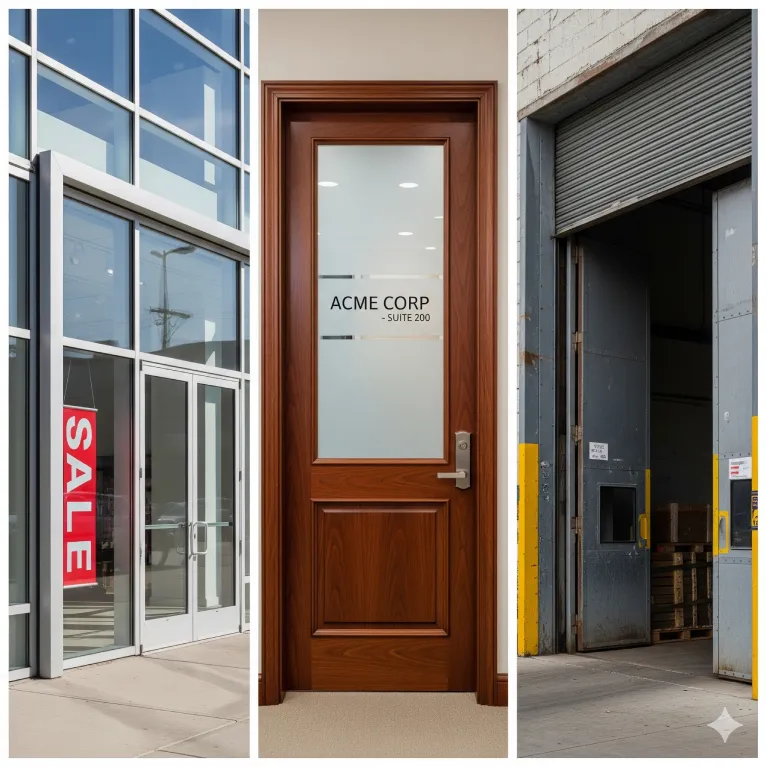 Collage of commercial doors including a retail storefront entrance, an office corridor door, and an industrial warehouse bay door, representing daily locksmith door replacement services in Melbourne, Orlando, and Winter Park, FL.