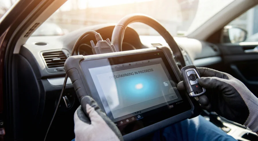 A close-up view of an automotive locksmith using a diagnostic tablet displaying "PROGRAMMING IN PROGRESS" to program a new key fob inside a car. The locksmith is wearing gloves and holding both the tool and the electronic key.