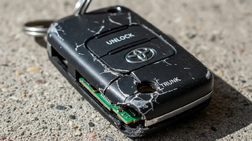 A close-up view of a damaged Toyota key fob with a cracked casing, illustrating a common situation where key fob replacement and programming are required.