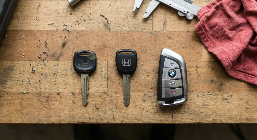 Display of different car key types including standard metal keys, transponders, and smart fobs on a locksmith workbench in Melbourne, FL.