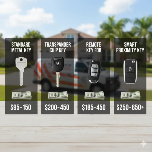 Close-up visual comparison of different car key types (metal key, transponder key, key fob, and smart key) with price tags indicating the cost difference for programming in Melbourne, FL.