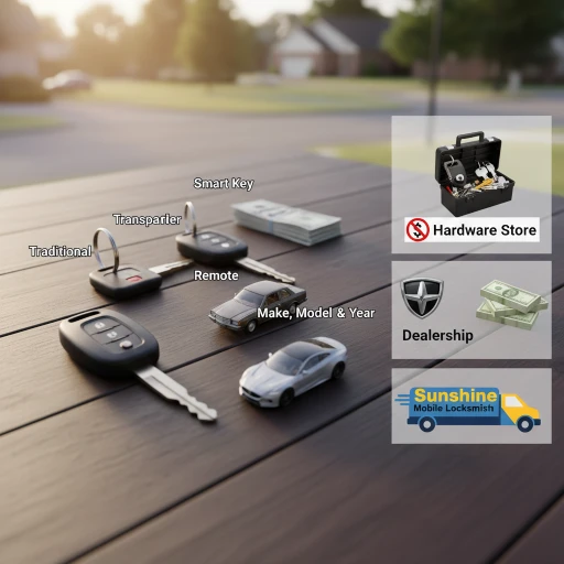 Variety of car keys, including traditional metal keys, transponder keys, remote keys, and modern smart key fobs, laid out to visually represent the factors that impact automotive locksmith programming costs.