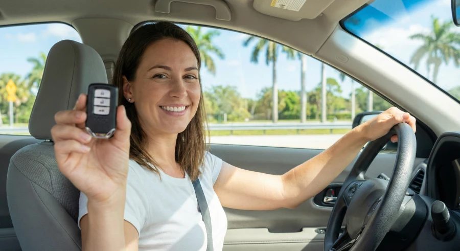 A happy woman behind the steering wheel of her car on a sunny Florida day, smiling and holding up a new electronic car key fob replacement, ready to drive.