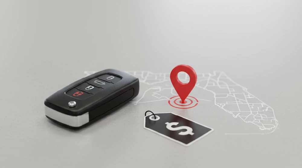 A graphic showing a modern car key fob next to a price tag and a map pin placed over the state of Florida, symbolizing the variable cost factors for key fob programming in the Melbourne, Florida area.