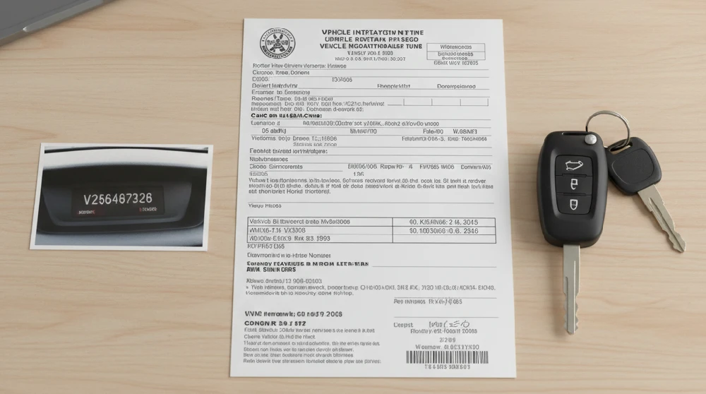 Overhead view of a vehicle title document, the car's VIN (Vehicle Identification Number) displayed on the dashboard, and a car key fob, illustrating the necessary proof of ownership and vehicle information required for key fob programming.