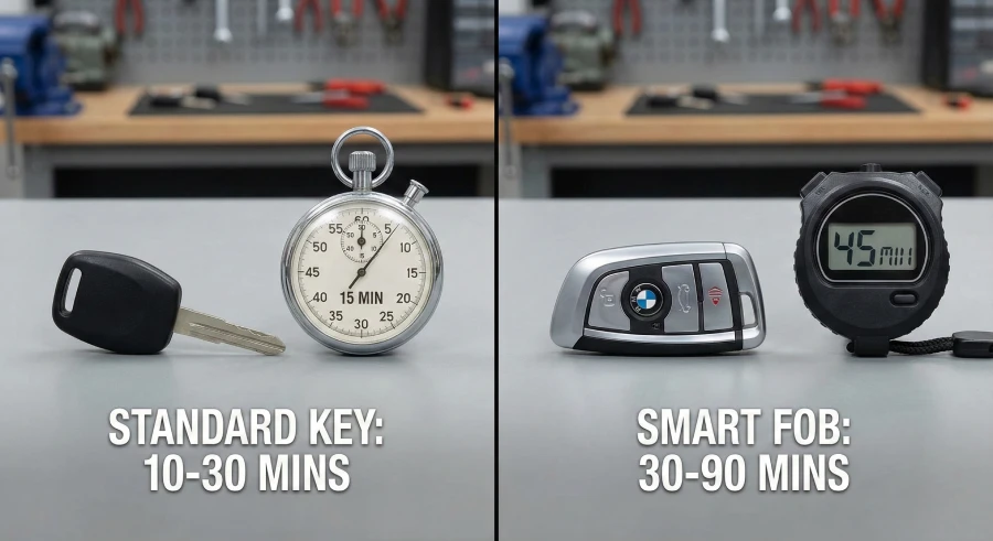 Comparison showing a standard car key versus a complex smart key fob illustrating the difference in programming time for a locksmith in Melbourne, FL.