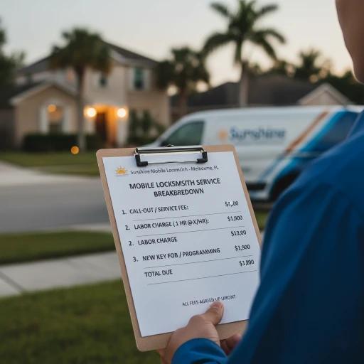 Mobile locksmith technician in Melbourne, FL, preparing tools near a van and a customer's car, symbolizing the standard call-out, service, and labor charges for on-site key programming.