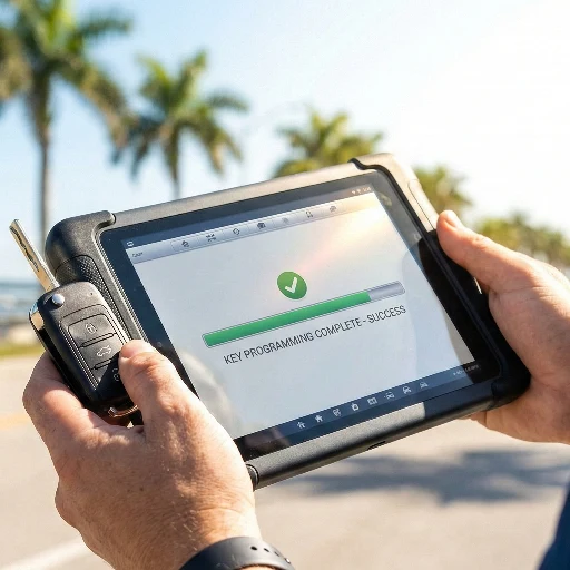 Close-up of a locksmith programming a car key fob using a digital diagnostic tablet on a sunny street in Melbourne, FL.