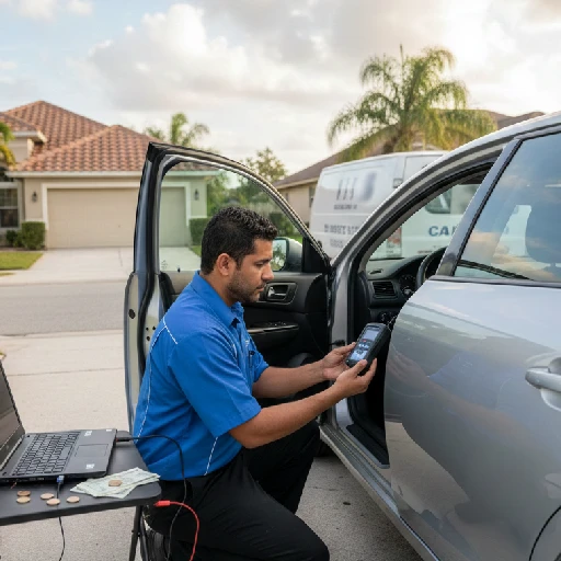 Mobile locksmith in Melbourne, FL, programming a car key fob or transponder key using diagnostic equipment next to a vehicle in a suburban driveway, with money on a table showing the cost-saving service.