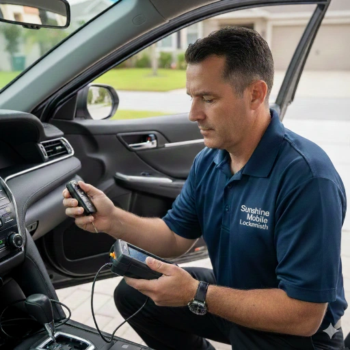 Mobile locksmith using a diagnostic tool to program a key fob for a car in Melbourne, FL.