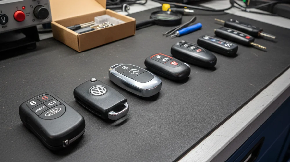 A mobile locksmith's workbench showing several different types of car key fobs and smart keys from various manufacturers, illustrating the wide range of key fobs a professional can program.