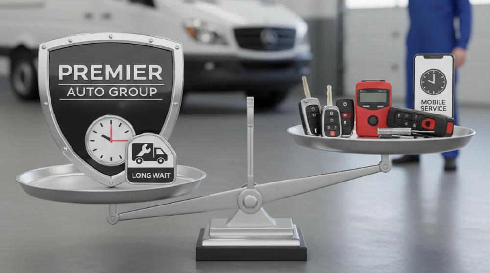  A visual representation of a balance scale. On one side, place the heavy, large emblem of a car manufacturer (Dealership) with a clock showing a long wait time. On the other side, place a smaller, well-organized set of locksmith tools and a key fob, with a clock showing a short time or a "mobile service" icon.