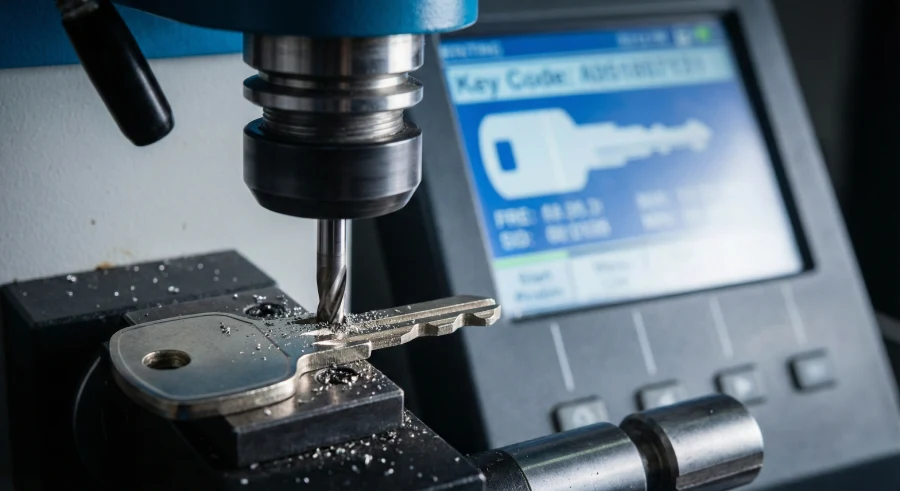 Close-up view of a professional, computerized key-cutting machine milling a new car key blade from scratch, with metal shavings visible and a digital screen displaying key code data in the background.