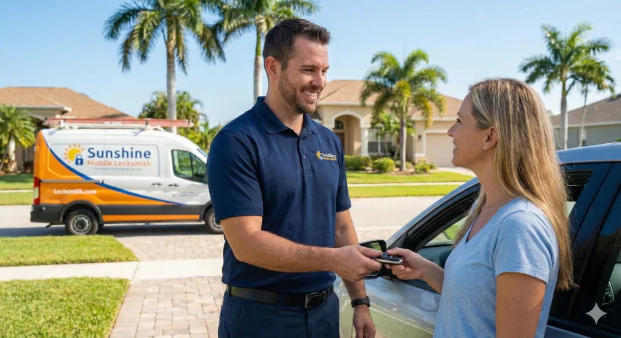 A friendly Sunshine Mobile Locksmith technician in a branded uniform smiles as he hands a new car key fob to a satisfied female customer in a sunny Florida residential driveway, with his service van in the background.