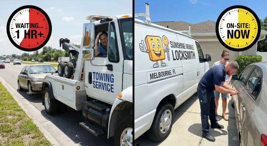 Comparison image showing a tow truck with a waiting clock versus a Sunshine Mobile Locksmith van with a technician providing instant lockout service in Melbourne, FL.