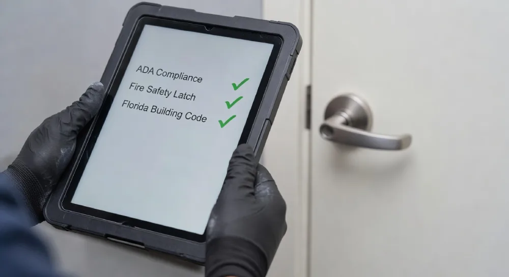 Locksmith technician verifying ADA compliance and Florida building codes on a digital checklist during a commercial door lock inspection in Melbourne, FL.