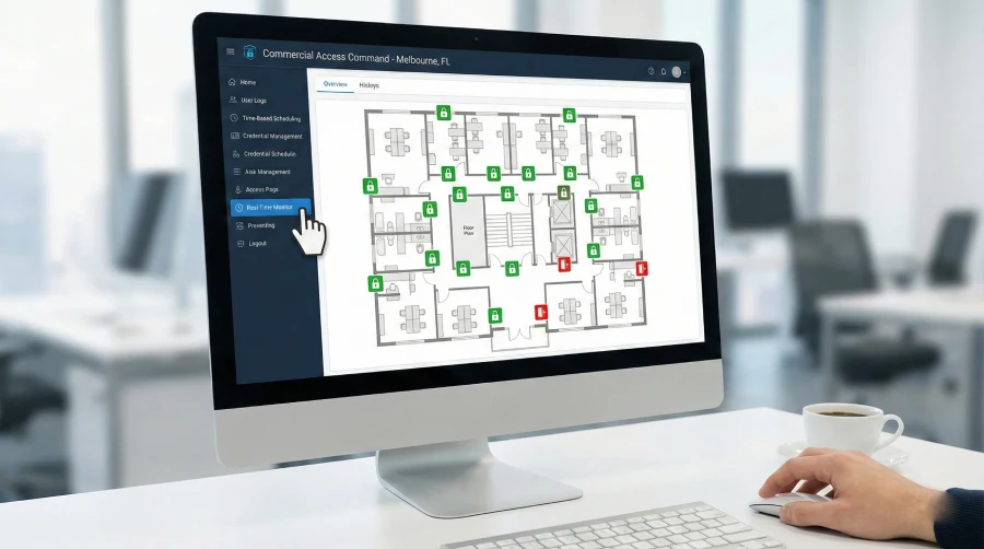 Centralized access control system dashboard on a computer screen displaying real-time monitoring of commercial door locks for a Melbourne, FL office building.