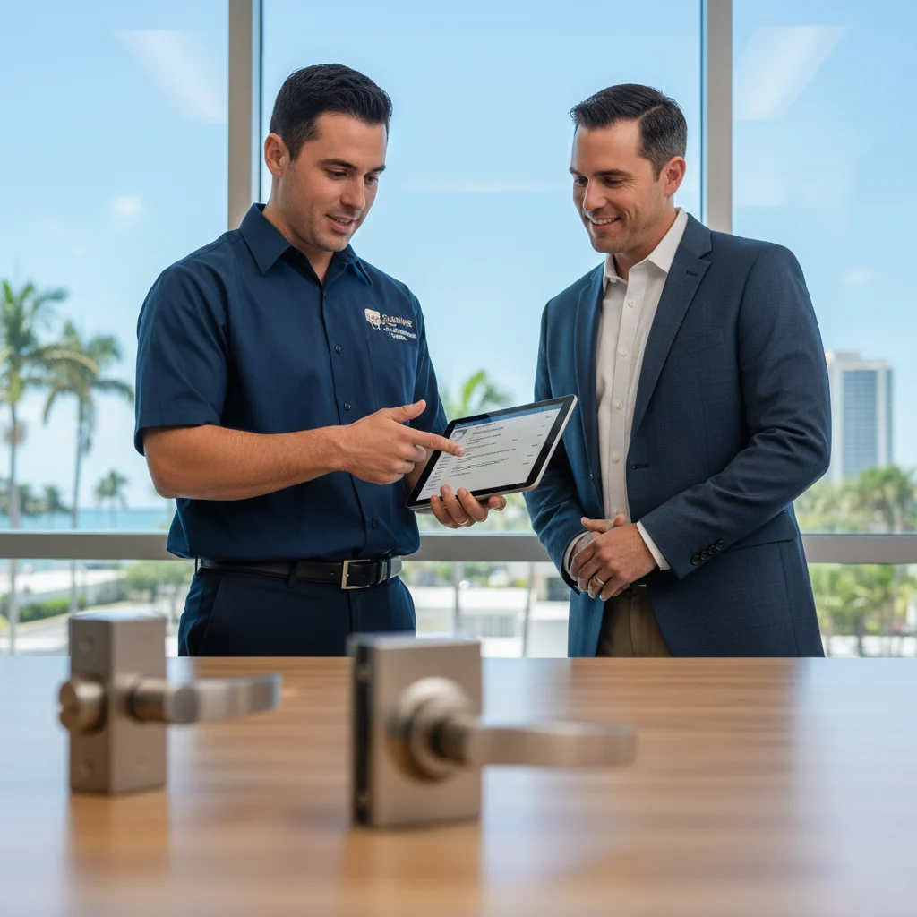 Sunshine Mobile Locksmith technician reviewing commercial door lock cost estimate with a business owner in Melbourne, FL.