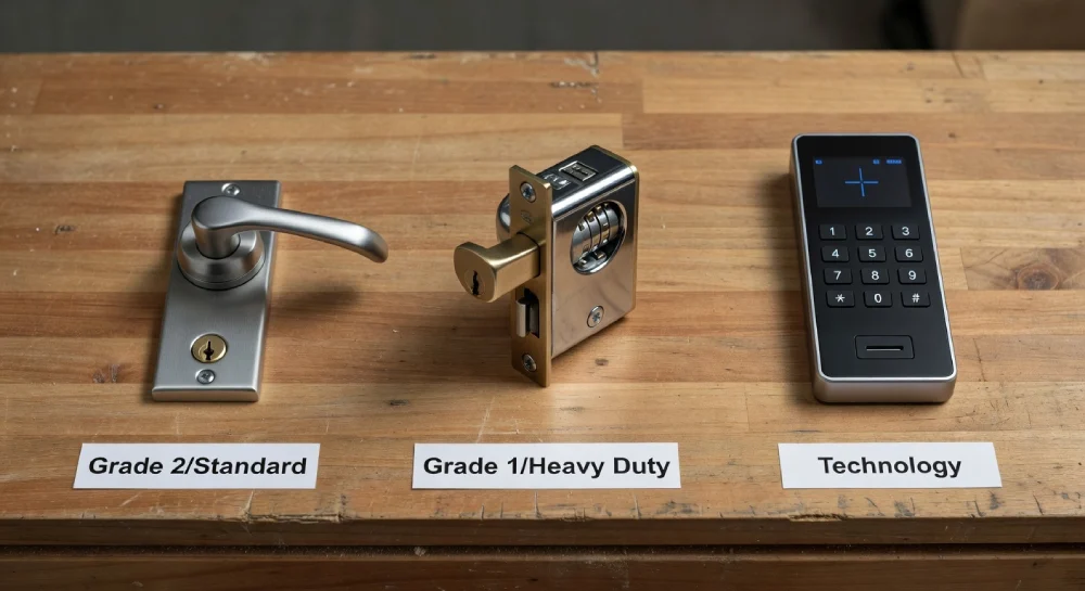 Side-by-side comparison of commercial door lock grades: standard lever, heavy-duty deadbolt, and electronic smart keypad for business security in Melbourne, FL.