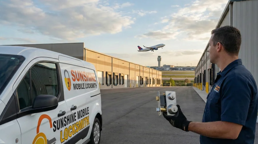 photo of commercial security lock hardware at Orlando International Airport (MCO), 1 Jeff Fuqua Blvd, Orlando, FL 32827, prior to service by Sunshine Mobile Locksmith.